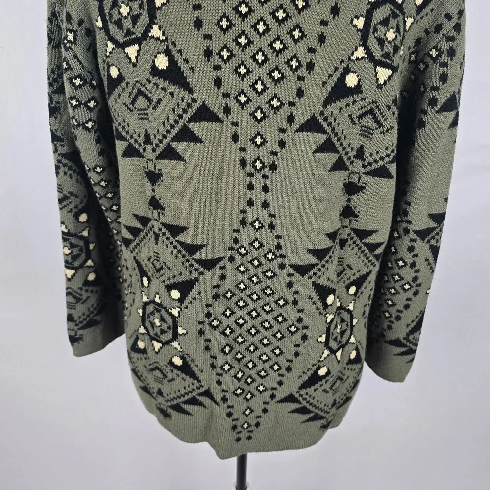 Cesar Cardigan Women's XL *** Green Black Tan Button Up Collar Long Sleeve